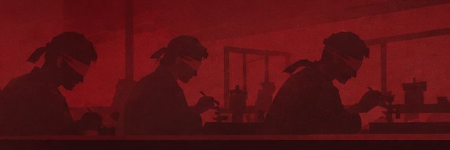 Illustration: a workshop of blindfolded watchmakers at their benches